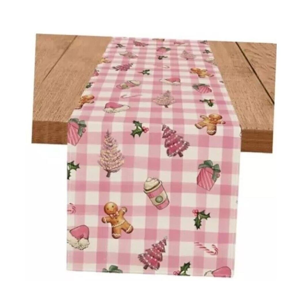 Christmas Table Runner Pink Plaid Tree Gingerbread Candy Cane Presents 13''x 72"